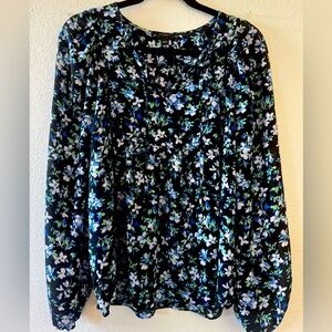 Ann Taylor Black and Blue Floral Print Blouse